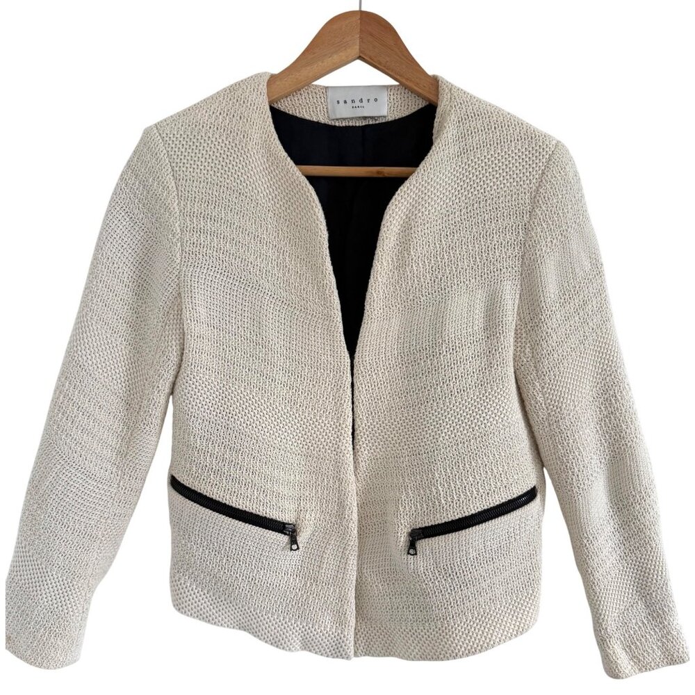 Sandro Paris Ivory Knit Jacket M Open Front Cotton Zip Pocket Blazer Woven Textu